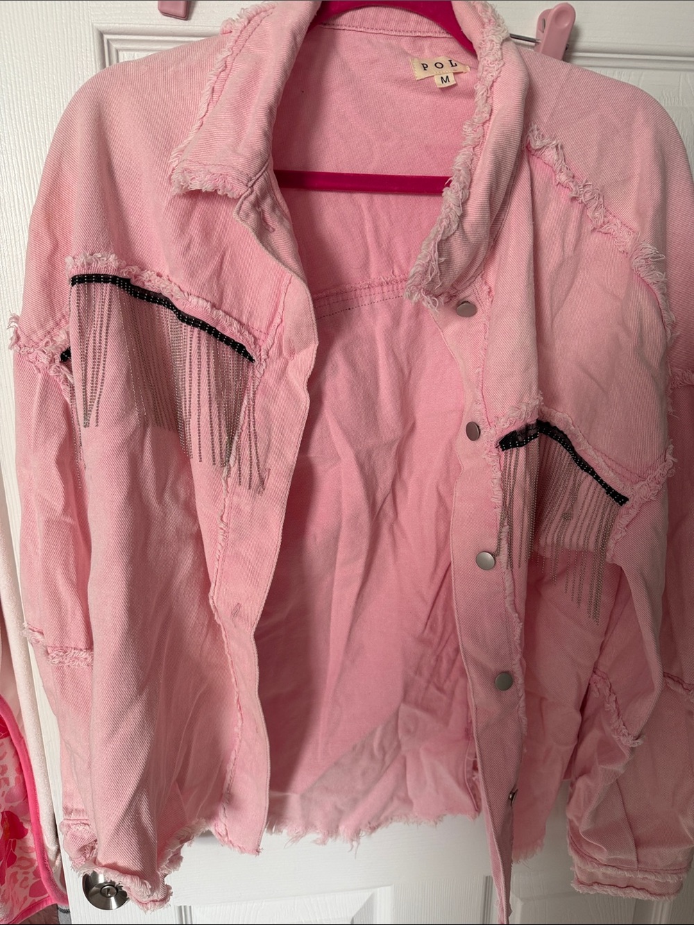 POL Pink Distressed Fringe Jean Jacket